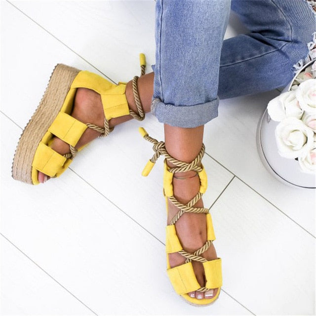 Summer Wedge Espadrilles Women Sandals 7CM Heel Pointed Fish Mouth Sandals Woman Hemp Lace Up Women Platform Sandals