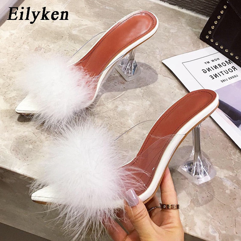 Summer Woman Pumps PVC Transparent Feather Perspex Crystal High Heels Fur Peep Toe Mules Slippers Ladies Slides Shoes