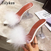 Load image into Gallery viewer, Summer Woman Pumps PVC Transparent Feather Perspex Crystal High Heels Fur Peep Toe Mules Slippers Ladies Slides Shoes
