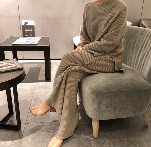 Women Knitted Tracksuit Autumn Winter O-neck Sweater 2 Piece Set  Fashion Solid Ladies Pullover Tops  Wide Leg Pants Home Suit