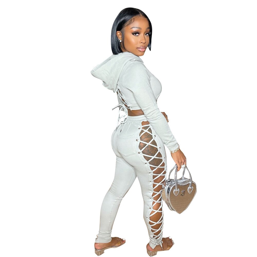 Autumn Women Tracksuit Two Piece Set Backless Hollow Out Bandage Solid Color Party Night Clubwear Sportsuit Clothes For Women