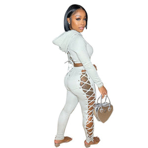 Autumn Women Tracksuit Two Piece Set Backless Hollow Out Bandage Solid Color Party Night Clubwear Sportsuit Clothes For Women