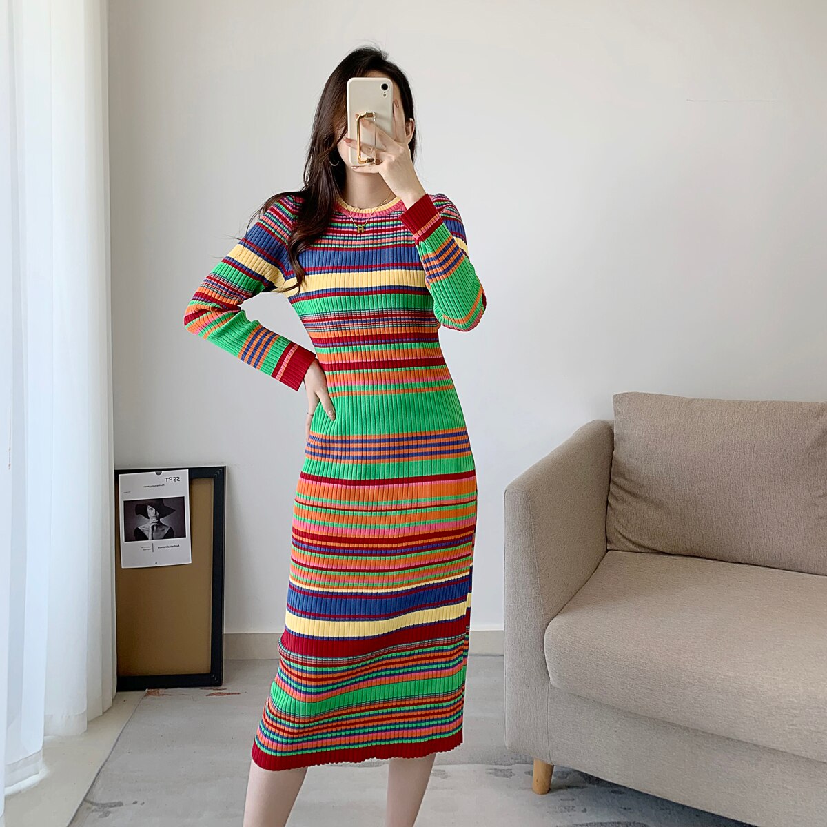 Women Fashion Colorful Rainbow Striped Knitting Sweater Dresses Sexy Bodycon Sheath Knee Length Winter Chic Dress