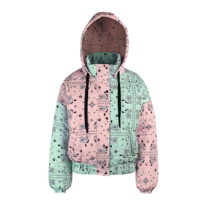 Autumn Winter Fashion Women's  Colorblock printing Long Sleeve Zipper Cotton Padded Jacket  Coats