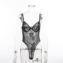 Load image into Gallery viewer, Cryptographic hot sale sheer lace bodysuit women backless transparent mesh bow sexy jumpsuit  catsuit straps bodysuits thong
