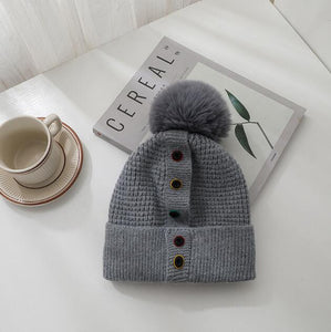 Fashion Autumn And Winter New Five-Breasted Woolen Hat Wild Cape Capless Warm Knitted Hat With Fur Balls