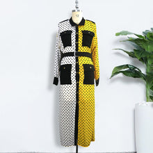 Load image into Gallery viewer, Yellow Black Pathwork Chiffon Polka Dot Maxi Slit Dress Long Sleeve with Sashes Pocket Retro Summer Tunic Robes Femme Covers
