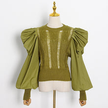 Load image into Gallery viewer, Runway Heavy Crafts Pleated Zou Puff Sleeves O-Neck Knit Sweater Pullover Ladies Autumn Hollow Fashion Sexy Vintage Top Clothes
