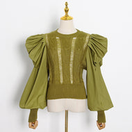 Runway Heavy Crafts Pleated Zou Puff Sleeves O-Neck Knit Sweater Pullover Ladies Autumn Hollow Fashion Sexy Vintage Top Clothes