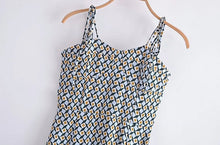 Load image into Gallery viewer, Romantic Blue Geometric Print Bandage Spaghetti Strap Midi Dress Retro Women Lacing Up Sling Slit Dresses Holiday Robe
