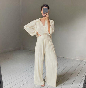 Pleated Blouse Wide Leg Pants Women Trousers Elegant Casual Palazzo Pants Elastic High Waist Ruched Pants Ladies 2 Pieces Set