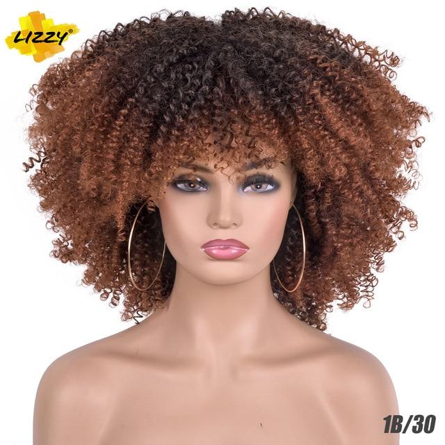 Short Hair Afro Kinky Curly Wigs With Bangs For Black Women African Synthetic Omber Glueless Cosplay Wigs High Temperature Lizzy - Bianca's hair and beauty supply