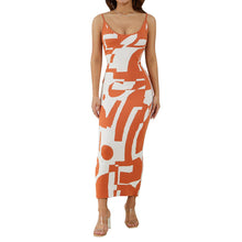Load image into Gallery viewer, Vintage Geometric Print Knitted Long Dress Elegant Women Spaghetti Straps Wrap Pencil Dress Backless Sling Sundress
