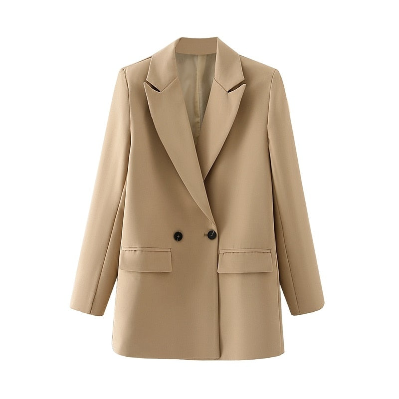 Women Khaki Blazer Coat Vintage Notched Collar Pocket Fashion Female Casual Chic Tops