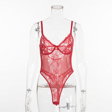 Load image into Gallery viewer, Cryptographic hot sale sheer lace bodysuit women backless transparent mesh bow sexy jumpsuit  catsuit straps bodysuits thong
