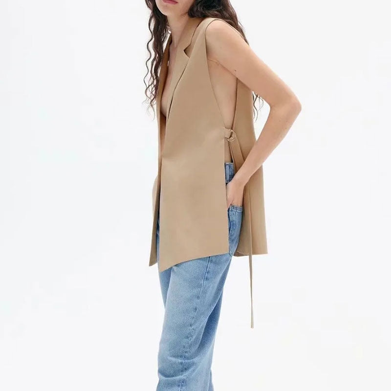 Women  Solid Colorloose Side Slit Temperament Loose One-Button Suit Collar Sleeveless Long Vest Streetwear Chic Tops