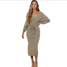 Load image into Gallery viewer, New Sexy Autumn V Neck With Cross Belt Sweater Knitted Women Dress Split Slim Winter Long Sleeve Elegant Ladies Z343
