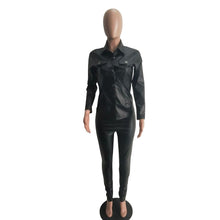 Load image into Gallery viewer, Sexy Two Piece Set Women Plus Size PU Leather Long Sleeve Top and Bodycon Pant Suit

