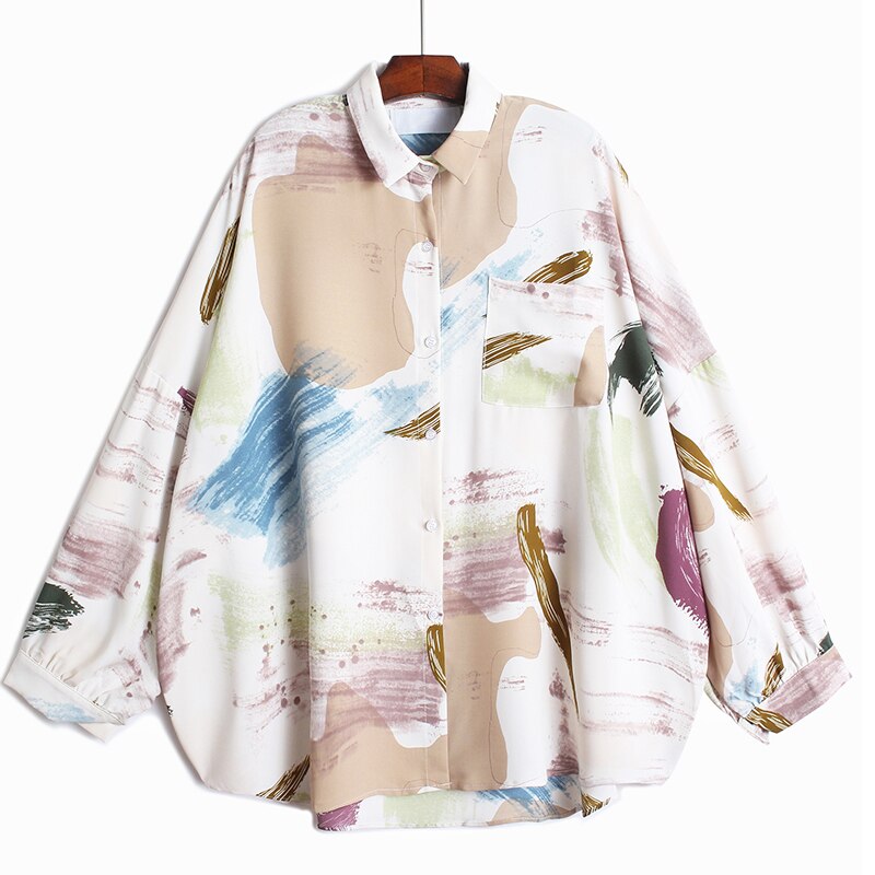 Women White Big Size Printed Pocket Blouse New Lapel Long Sleeve Loose Fit Shirt Fashion Tide Spring Summmer  1DD8214