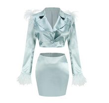 Load image into Gallery viewer, Women Suit  Long Sleeve Feather Short  Blazers Skirts Top
