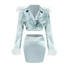 Women Suit  Long Sleeve Feather Short  Blazers Skirts Top