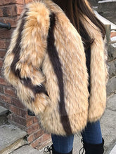 Load image into Gallery viewer, Fashion Women's Faux Fur Coat Stripe Pockets V-neck Loose Long Sleeve Mixed Color Jackets Female Winter New
