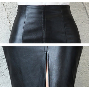 Black PU Leather Skirt Women New Midi Sexy High Waist Bodycon Split Skirt Office Pencil Skirt Knee Length Plus Size