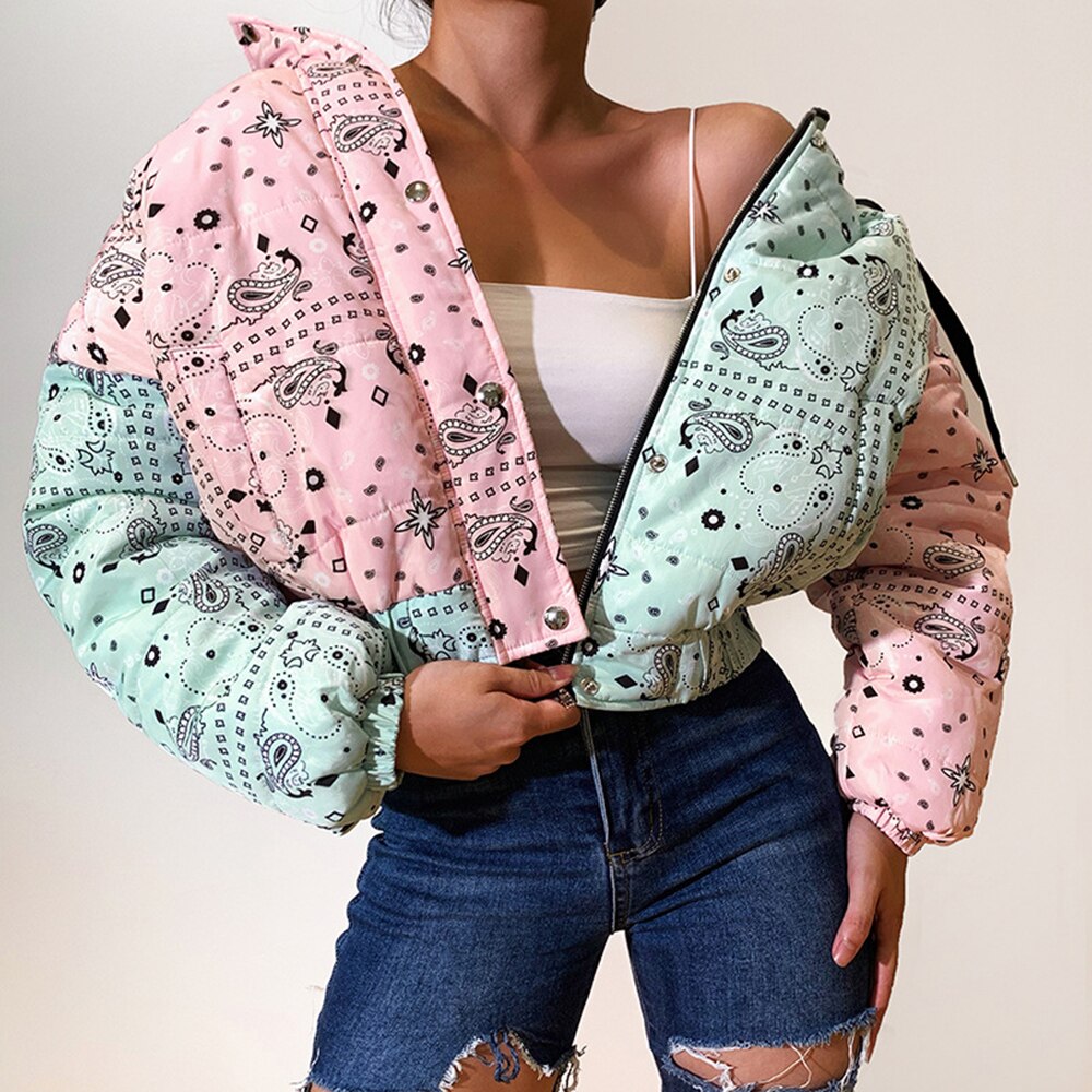 Autumn Winter Fashion Women's  Colorblock printing Long Sleeve Zipper Cotton Padded Jacket  Coats