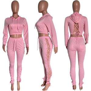 Autumn Women Tracksuit Two Piece Set Backless Hollow Out Bandage Solid Color Party Night Clubwear Sportsuit Clothes For Women