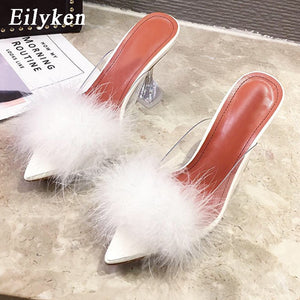 Summer Woman Pumps PVC Transparent Feather Perspex Crystal High Heels Fur Peep Toe Mules Slippers Ladies Slides Shoes