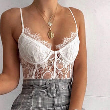 Load image into Gallery viewer, Sexy Transparent Lace Patchwork Bodysuits Women White Black Bust Bodycon Night Club Spaghetti Strap Slim Rompers
