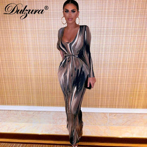 Dulzura tie dye print women midi dress long sleeve bodycon sexy bandage bodycon sexy autumn winter clothes party dinner