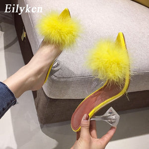 Summer Woman Pumps PVC Transparent Feather Perspex Crystal High Heels Fur Peep Toe Mules Slippers Ladies Slides Shoes