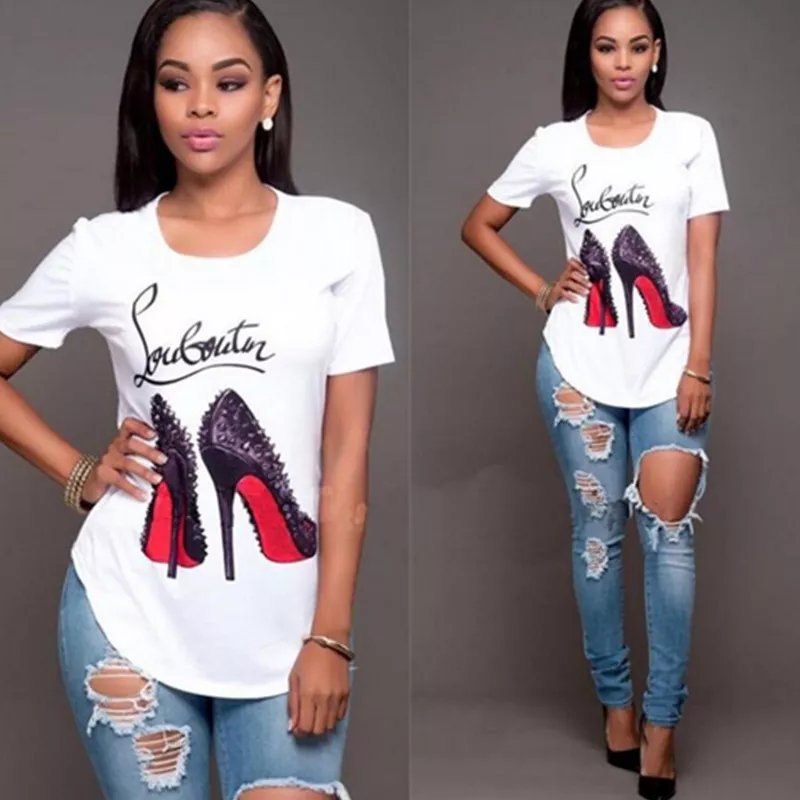 High-Heeled Shoes Printed T-Shirt Casual Irregular Tops Blouse - Bianca's hair and beauty supply