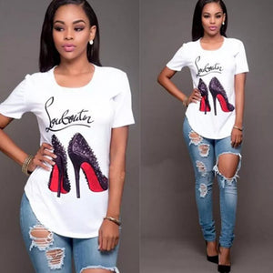 High-Heeled Shoes Printed T-Shirt Casual Irregular Tops Blouse - Bianca's hair and beauty supply