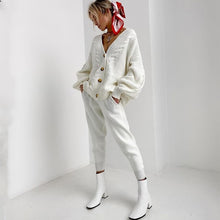 Load image into Gallery viewer, 2-piece knit set for women pattern v-neck cardigan + pants trousers knitted suit tracksuit
