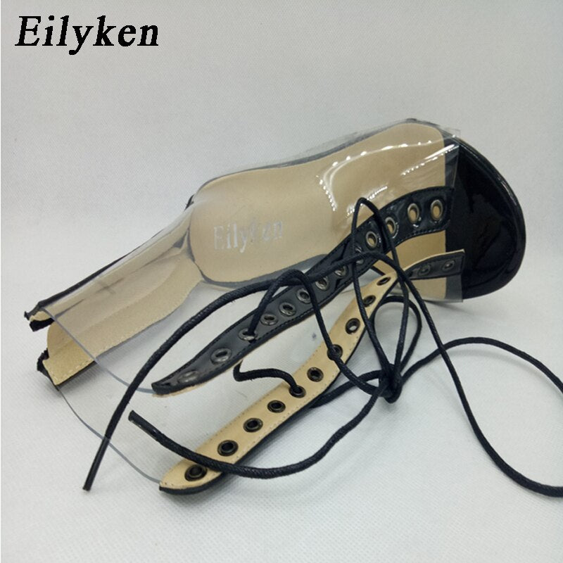 New Sexy PVC Transparent Gladiator Sandals Peep Toe Shoes Clear Chunky heels Sandals  Women Boots Sandals