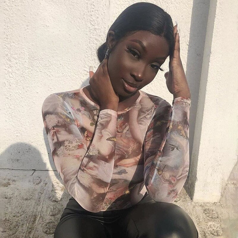 Shestyle Butterfly Angel Printed Bodysuits Women Bodycon Slim Sexy Round-neck New Arrivals Overalls Body Open Crotch Lady