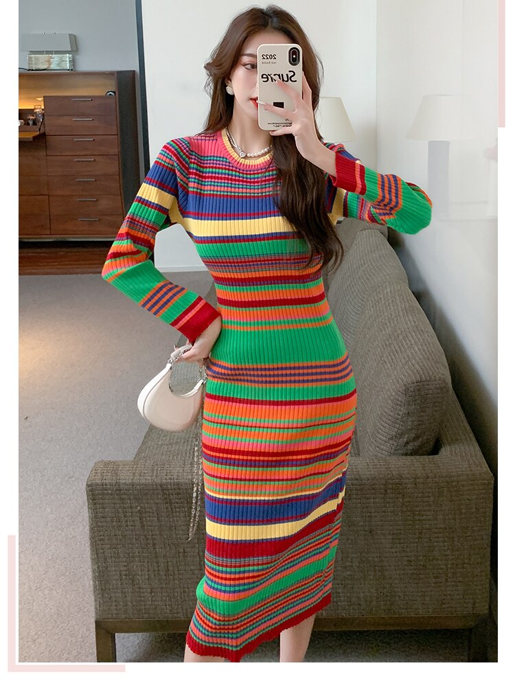 Women Fashion Colorful Rainbow Striped Knitting Sweater Dresses Sexy Bodycon Sheath Knee Length Winter Chic Dress