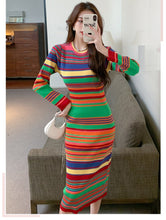 Load image into Gallery viewer, Women Fashion Colorful Rainbow Striped Knitting Sweater Dresses Sexy Bodycon Sheath Knee Length Winter Chic Dress
