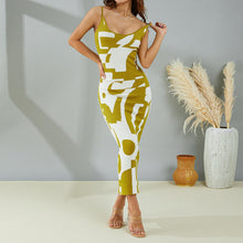 Load image into Gallery viewer, Vintage Geometric Print Knitted Long Dress Elegant Women Spaghetti Straps Wrap Pencil Dress Backless Sling Sundress
