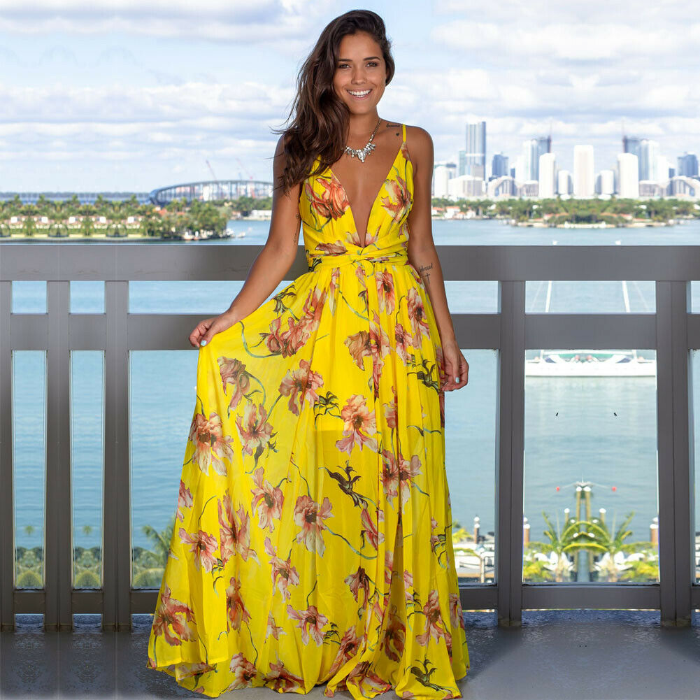 Women's Sling Floral Long Dresses arrival Summer Boho V-Neck Sleeveless  Party Beach Floarl Print  Maxi Dress Casual Sundress