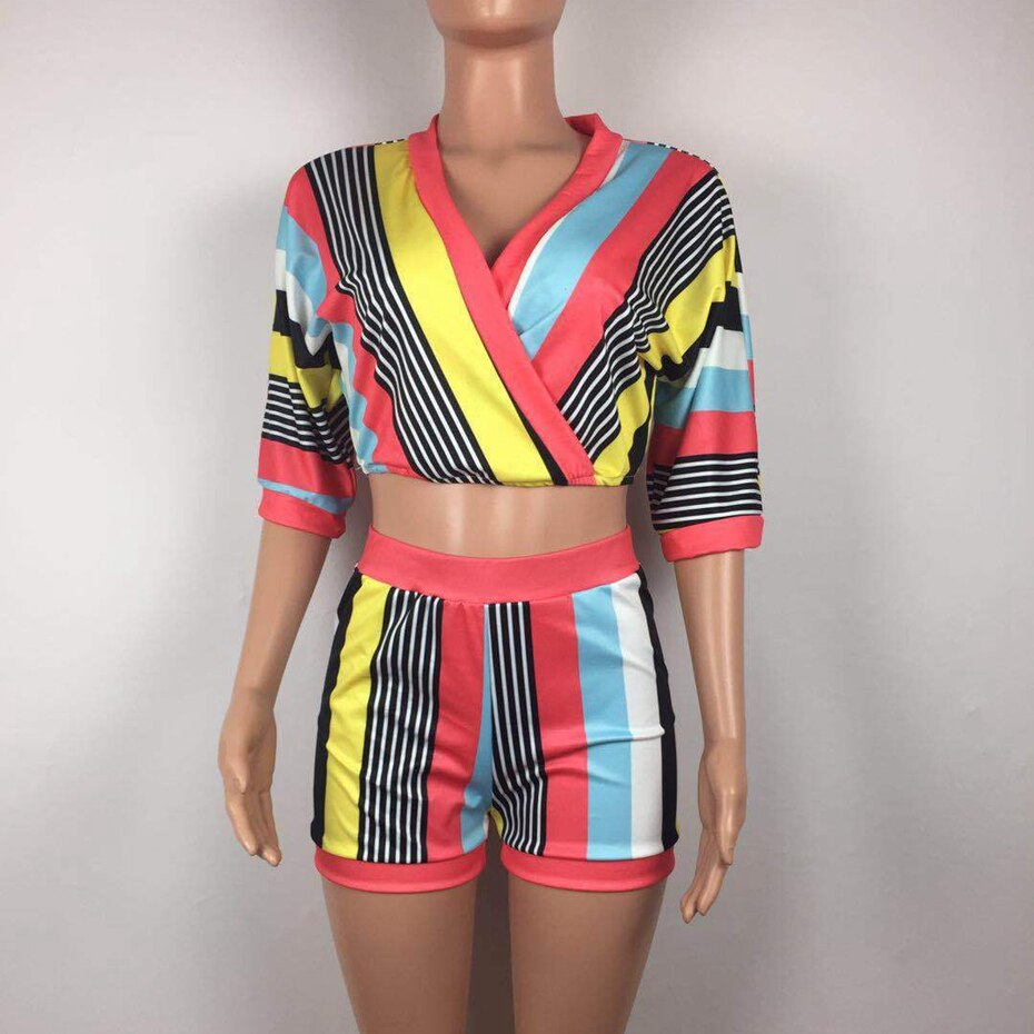 Sexy 2 Piece Set Women Stripe Tops+Bodycon Shorts Suit Casual Summer Outfits Plus Size