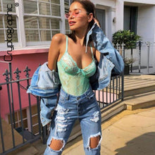 Load image into Gallery viewer, Cryptographic hot sale sheer lace bodysuit women backless transparent mesh bow sexy jumpsuit  catsuit straps bodysuits thong

