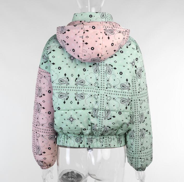 Autumn Winter Fashion Women's  Colorblock printing Long Sleeve Zipper Cotton Padded Jacket  Coats