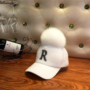 Fashion Faux fur ball baseball cap winter Faux seahorse hair Warm Cap For Women Rhinestone Diamond Letter Visor Hats