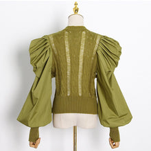 Load image into Gallery viewer, Runway Heavy Crafts Pleated Zou Puff Sleeves O-Neck Knit Sweater Pullover Ladies Autumn Hollow Fashion Sexy Vintage Top Clothes
