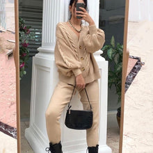 Load image into Gallery viewer, 2-piece knit set for women pattern v-neck cardigan + pants trousers knitted suit tracksuit
