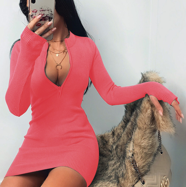 Women Winter Fall Bodycon Ribbed Dress New Stand Collar Zipper Deep V-neck Solid Stretch Bodycon Pencil Party Mini Vestido