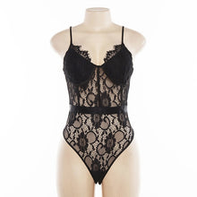 Load image into Gallery viewer, Sexy Transparent Lace Patchwork Bodysuits Women White Black Bust Bodycon Night Club Spaghetti Strap Slim Rompers
